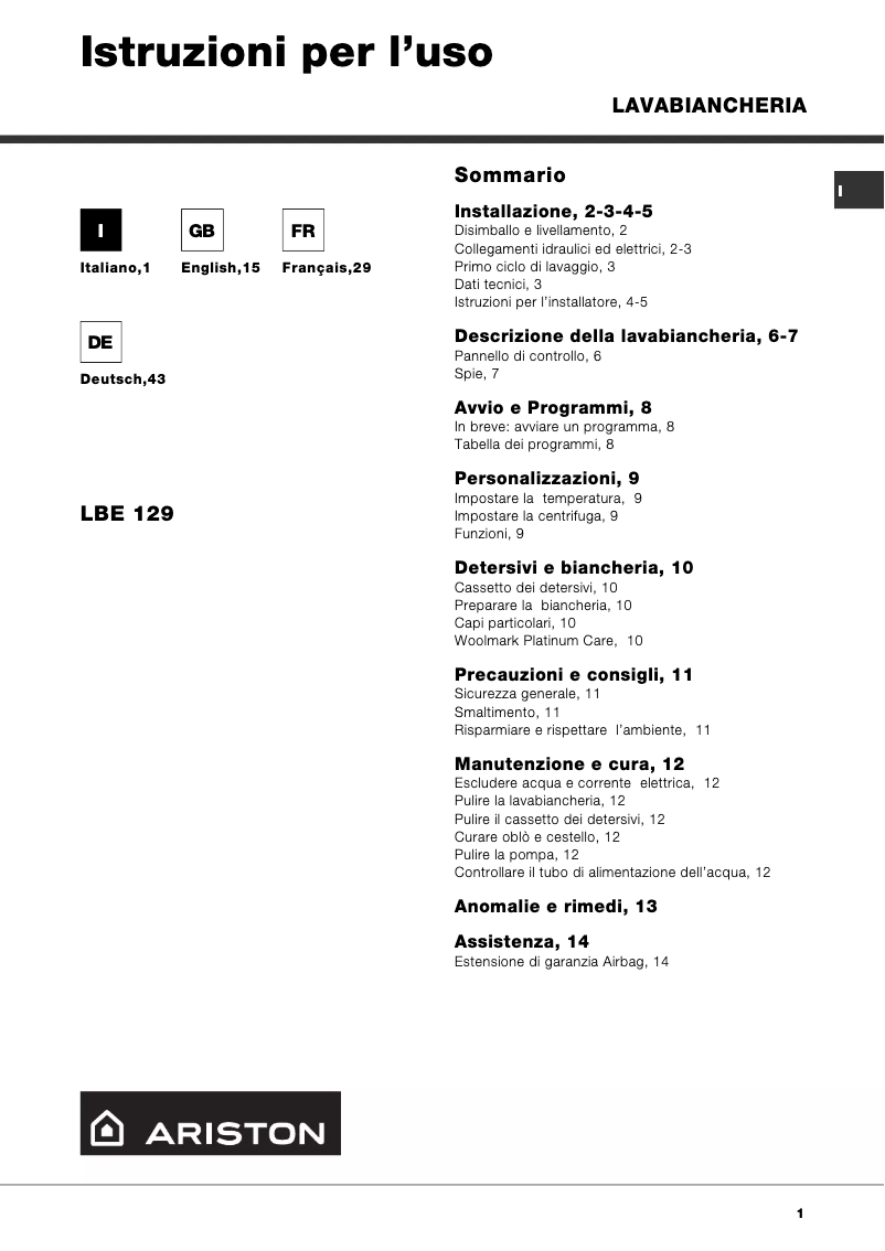 Page 1 de la notice Manuel utilisateur Ariston Thermo LBE129