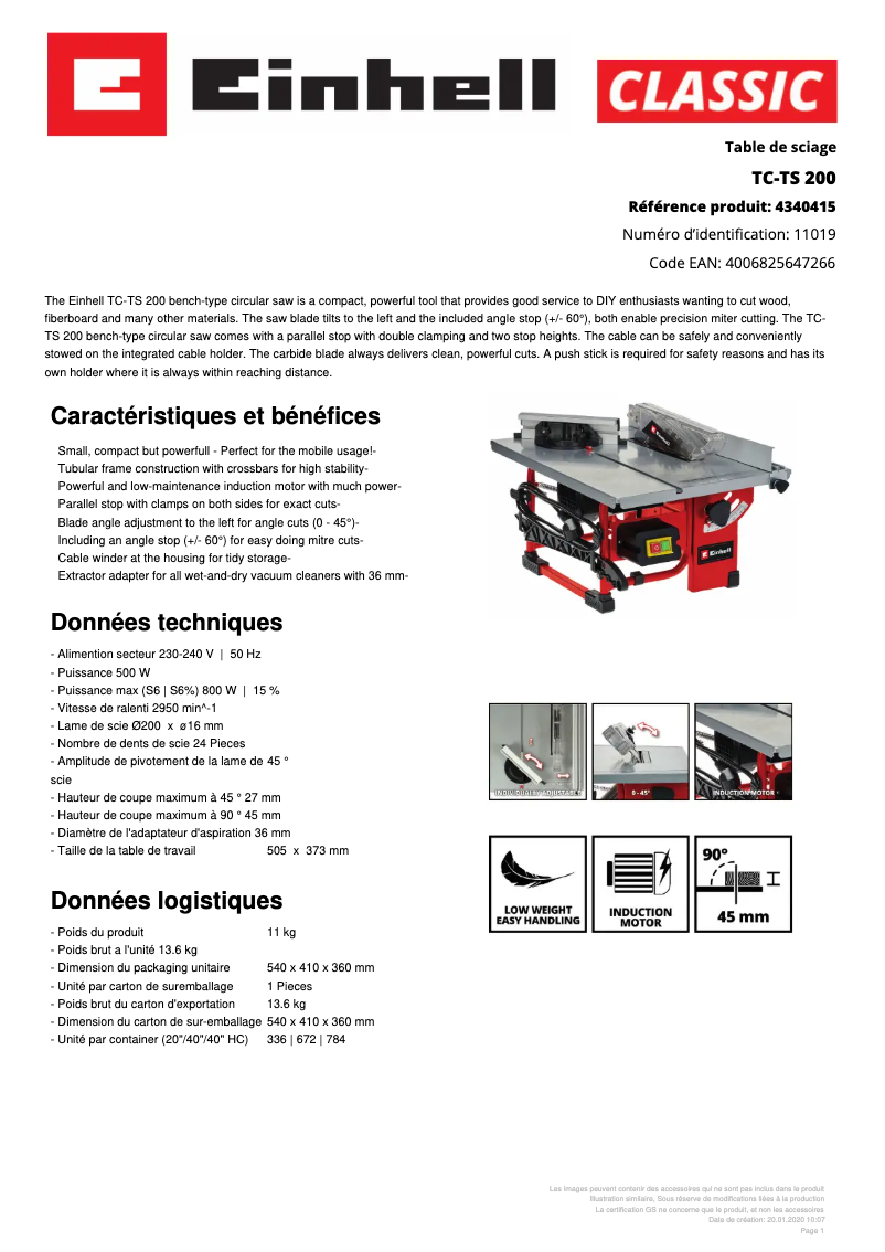 Page n°1 - Fiche technique Einhell TC-TS 200