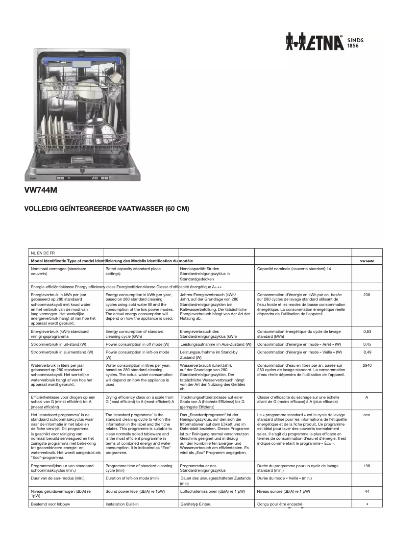 Page 1 de la notice Fiche technique Etna VW744M