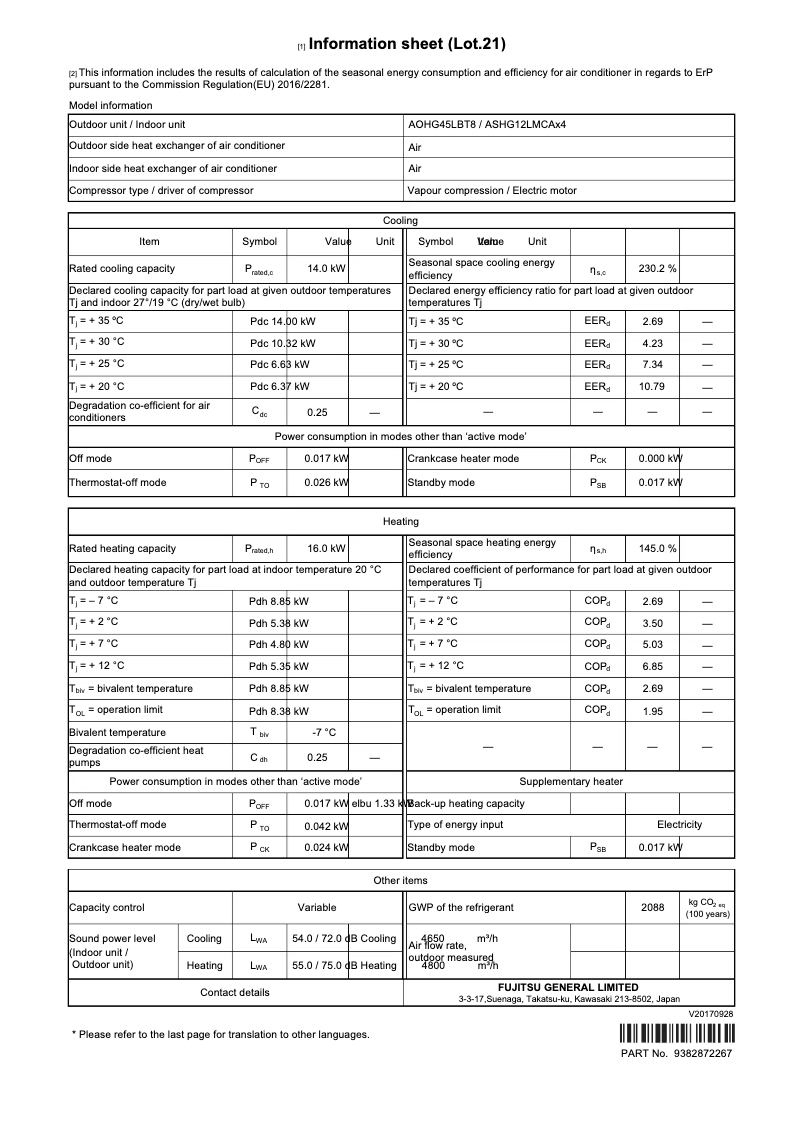 Page 1 de la notice Fiche technique Fujitsu AOHG45LBT8