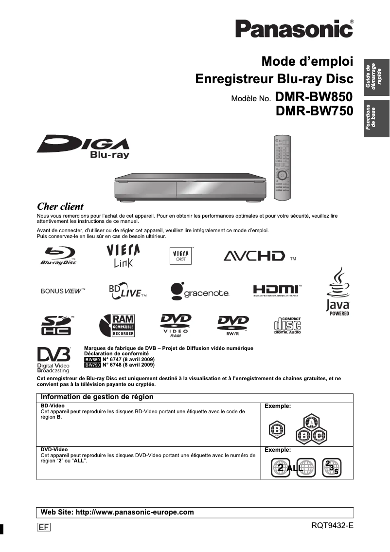 Image de la première page du manuel de l'appareil DMR-BW850