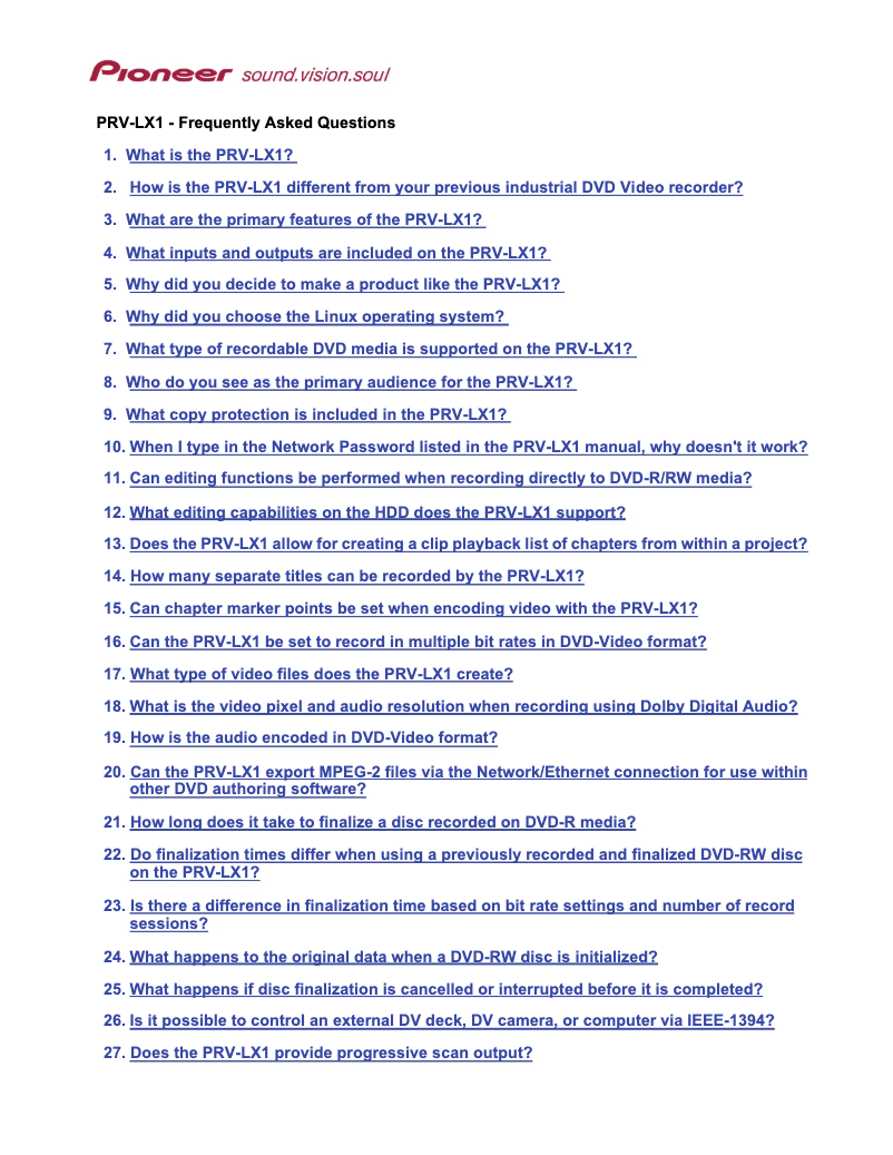 Page 1 de la notice FAQ Pioneer PRV-LX1