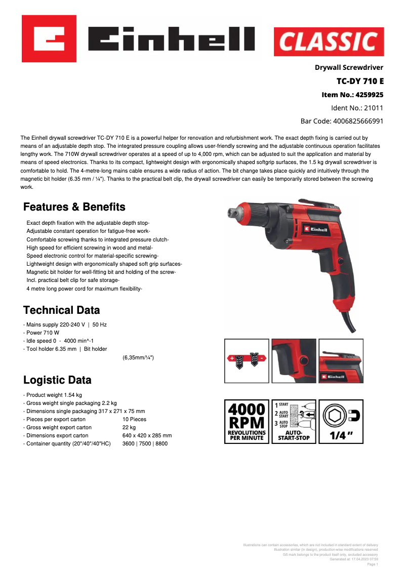 Page n°1 - Fiche technique Einhell TC-DY 710 E