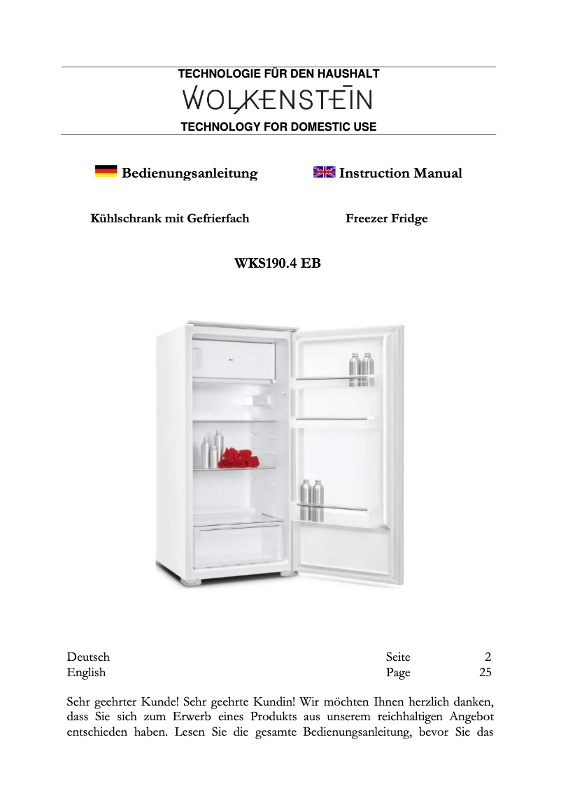 Page 1 de la notice Manuel utilisateur Wolkenstein WKS190.4 EB
