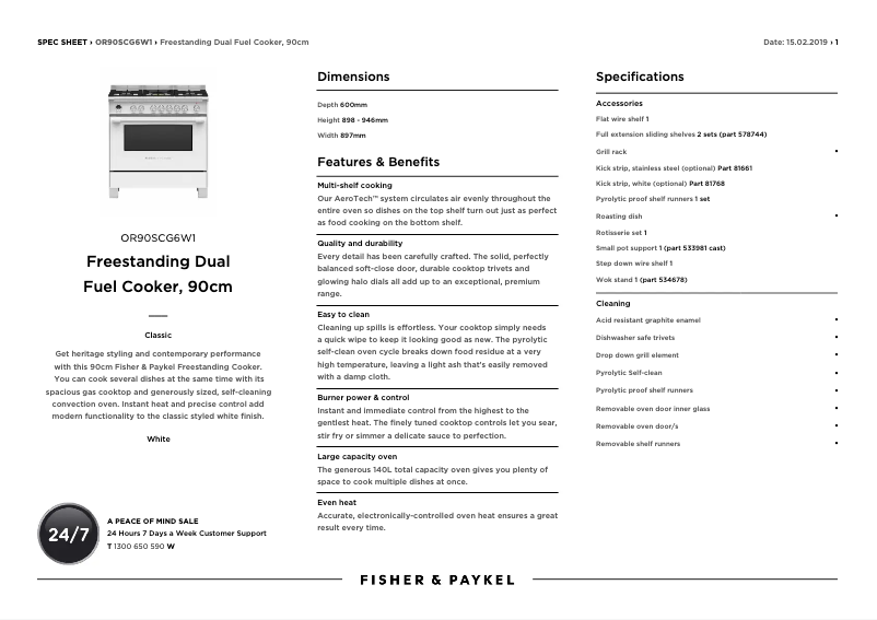Page 1 de la notice Fiche technique Fisher & Paykel OR90SCG6W1