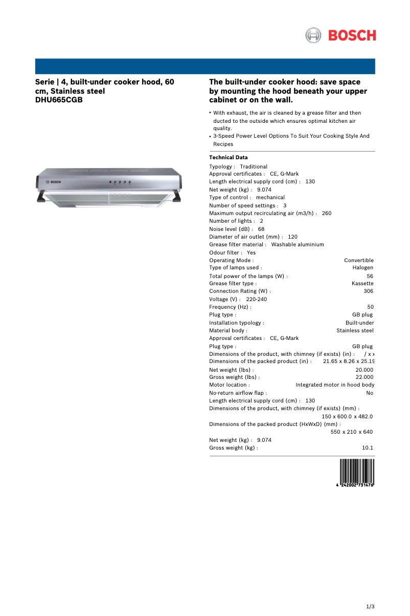 Page 1 of the manual Technical Sheet Bosch DHU665CGB