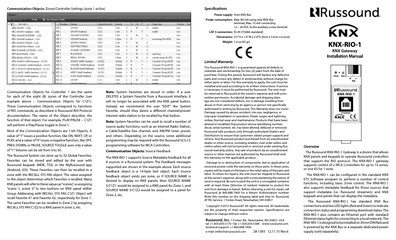 Page n°1 - Manuel utilisateur Russound KNX-RIO-1