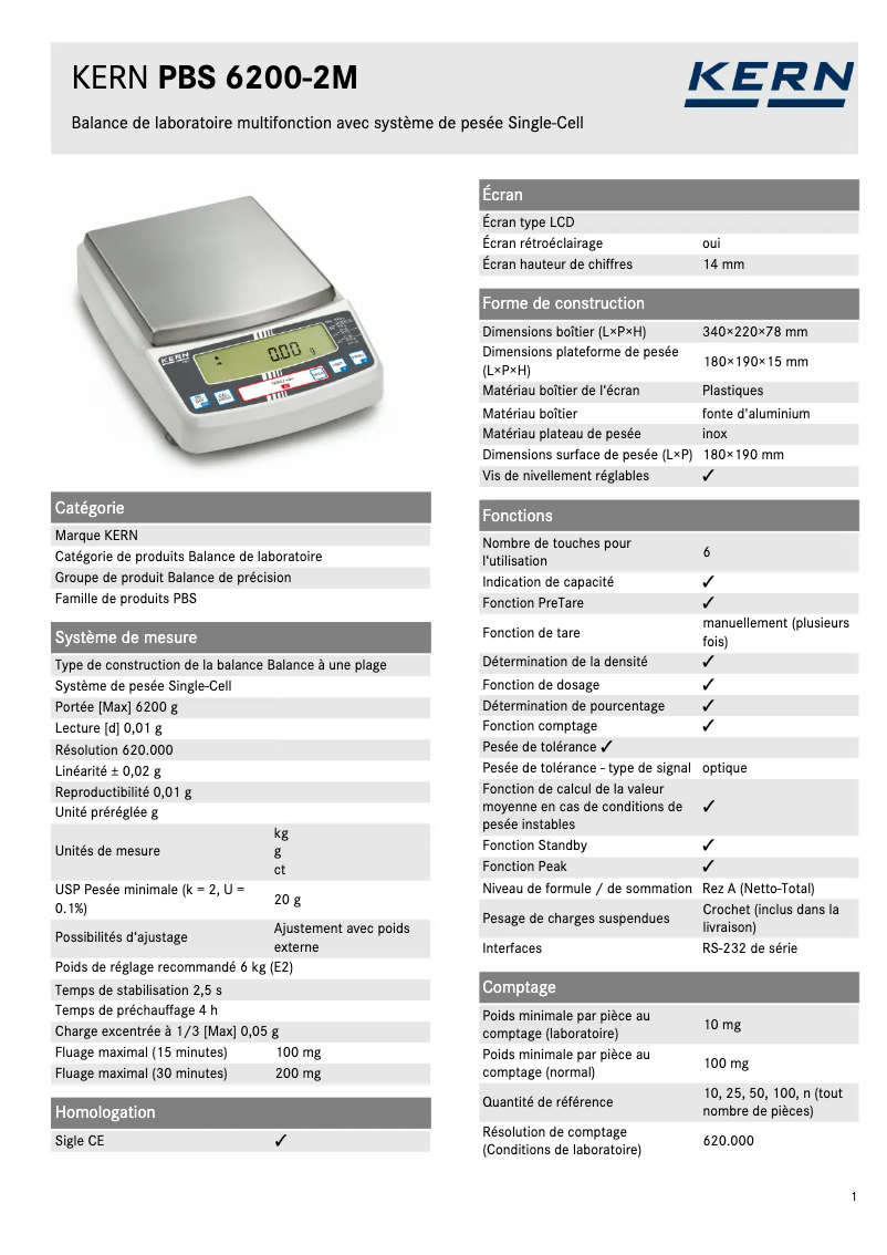 Page 1 de la notice Fiche technique Kern PBS 6200-2M
