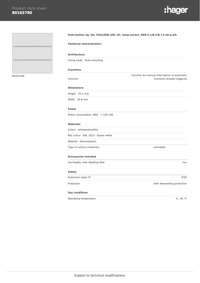 Page n°1 - Fiche technique Berker 80163780