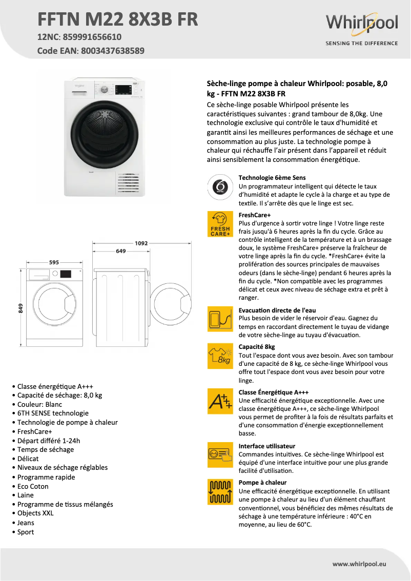 Página 1 del manual Ficha técnica Whirlpool FFTN M22 8X3B FR