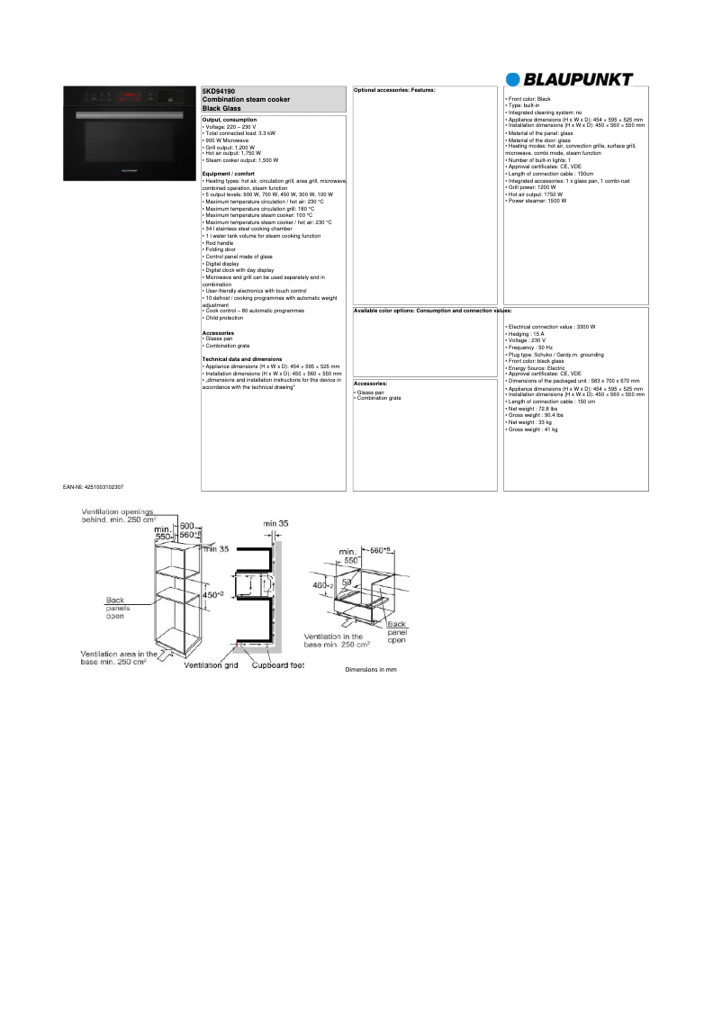 Page 1 de la notice Fiche technique Blaupunkt 5KD94190