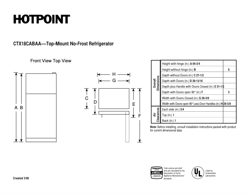 Page 1 de la notice Fiche technique Hotpoint CTX18CABLAA