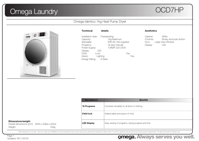 Page 1 de la notice Fiche technique Omega OCD7HP