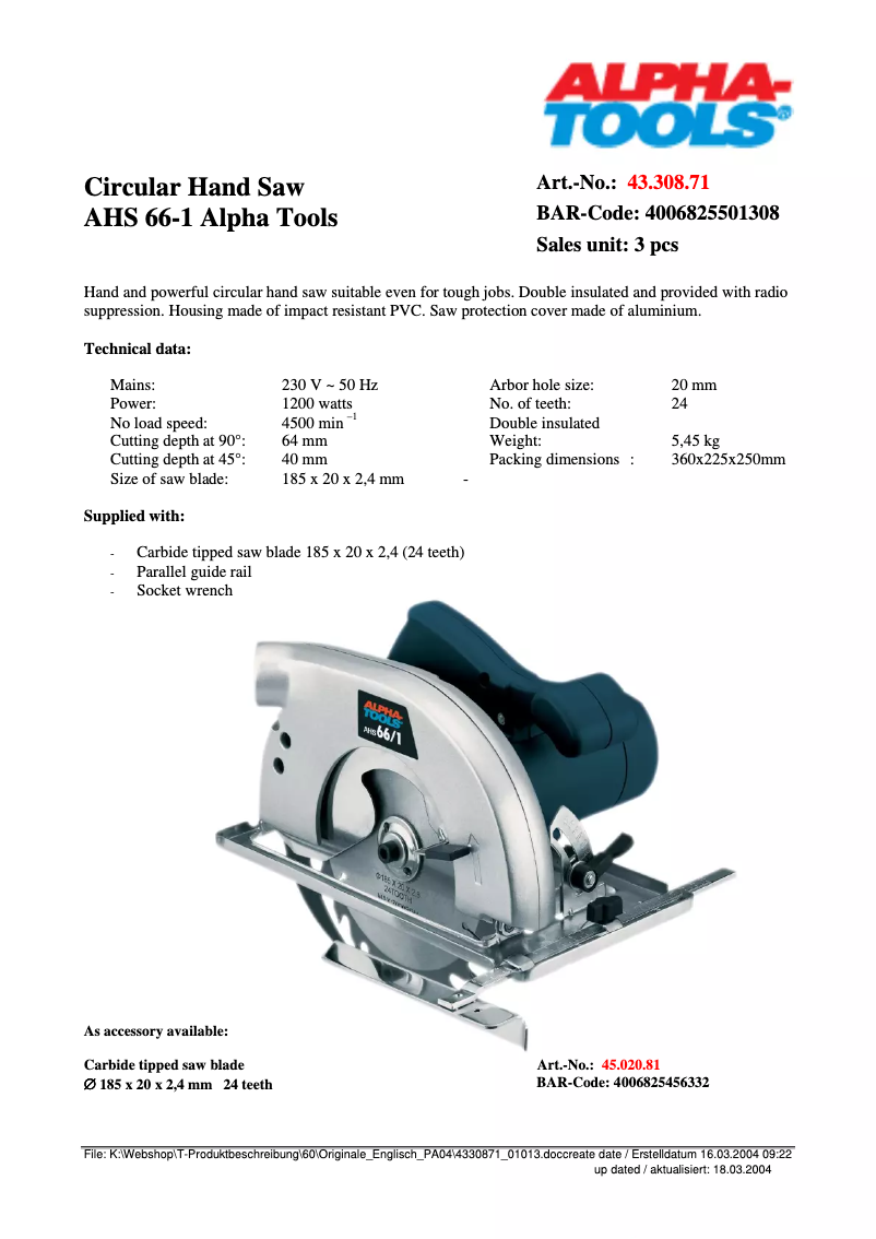 Page n°1 - Fiche technique Alpha Tools AHS 66/1