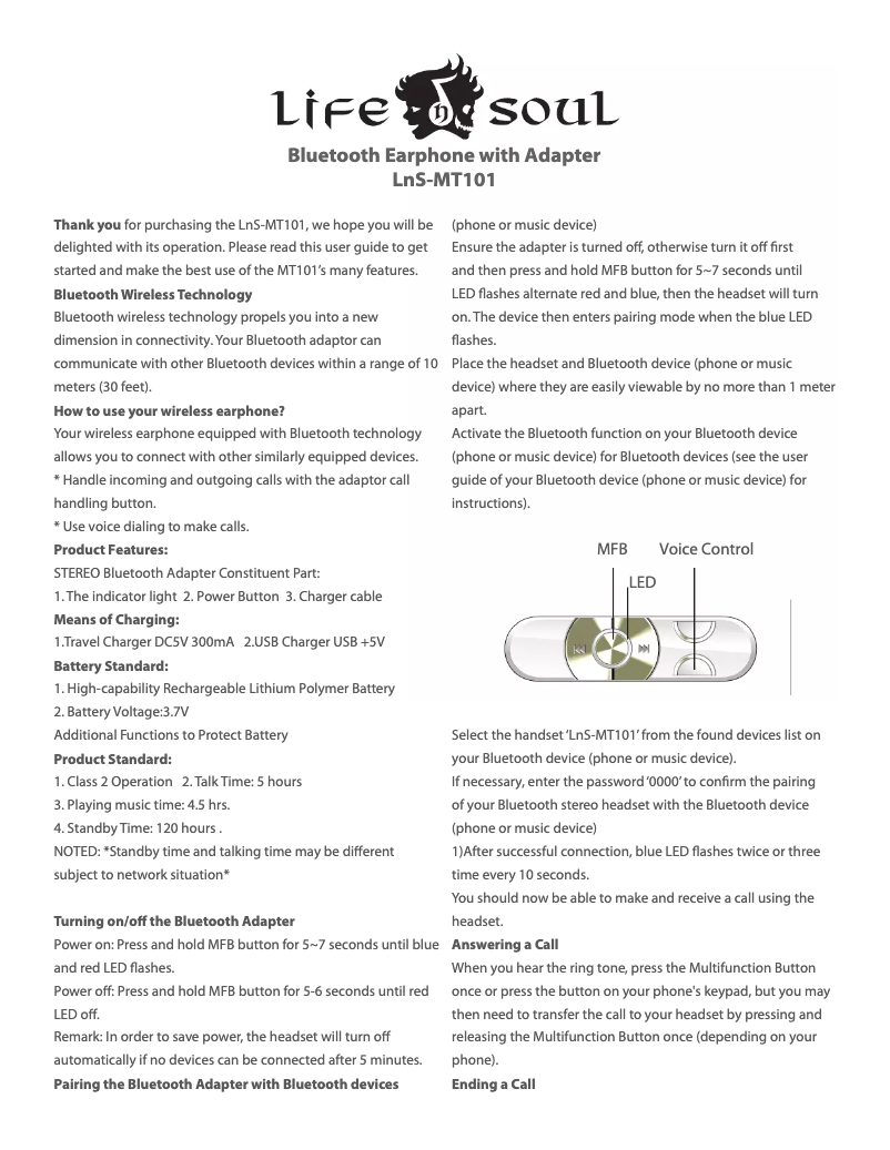 Page 1 de la notice Manuel utilisateur Life N Soul MT101