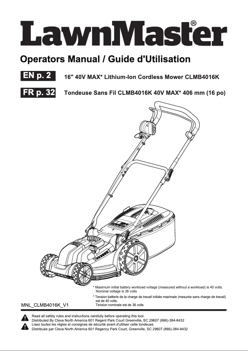 Page 1 de la notice Manuel utilisateur LawnMaster CLMB4016K