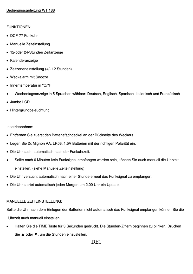 Page 1 de la notice Manuel utilisateur Techno Line WT 188