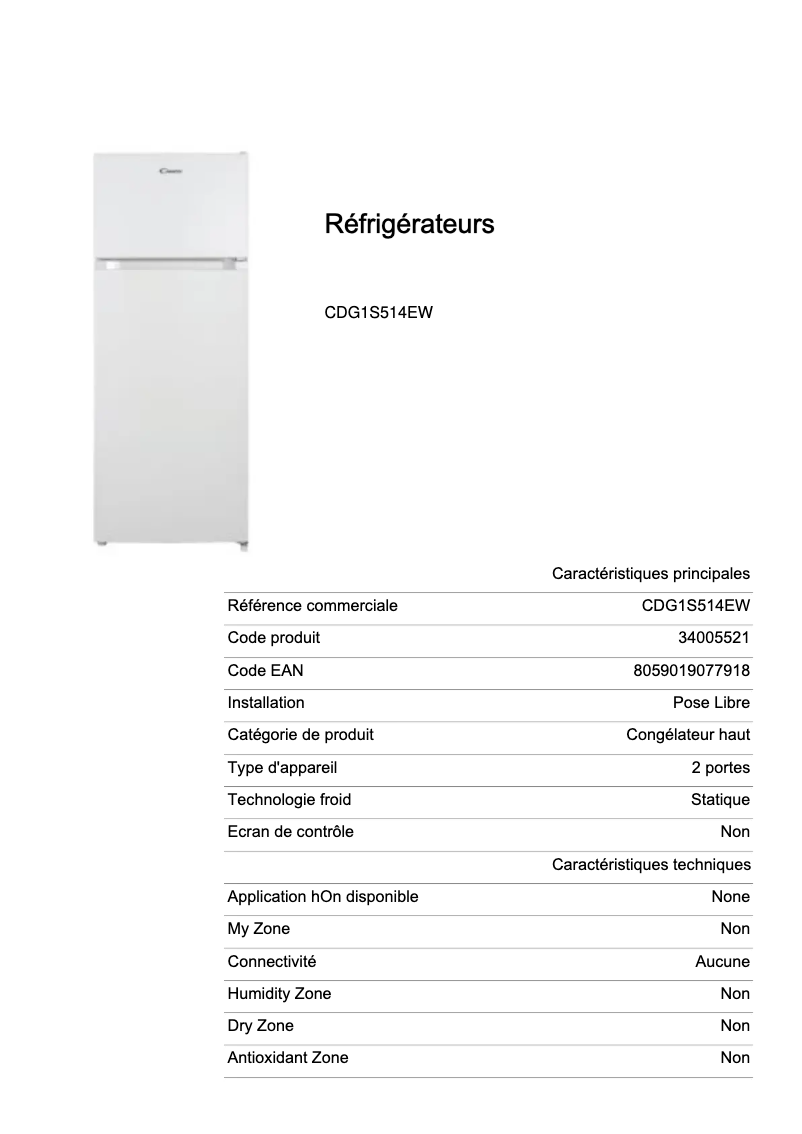 Page n°1 - Fiche technique Candy CDG1S514EW