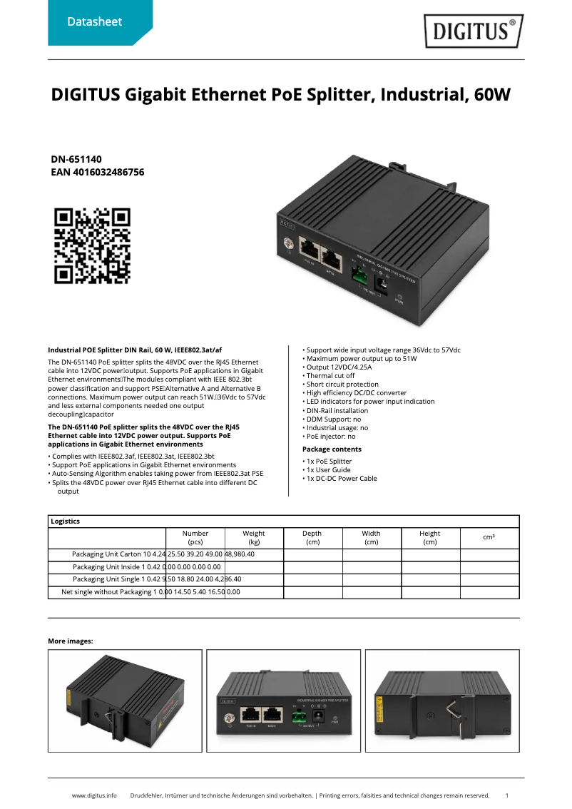 Página 1 del manual Ficha técnica Digitus DN-651140