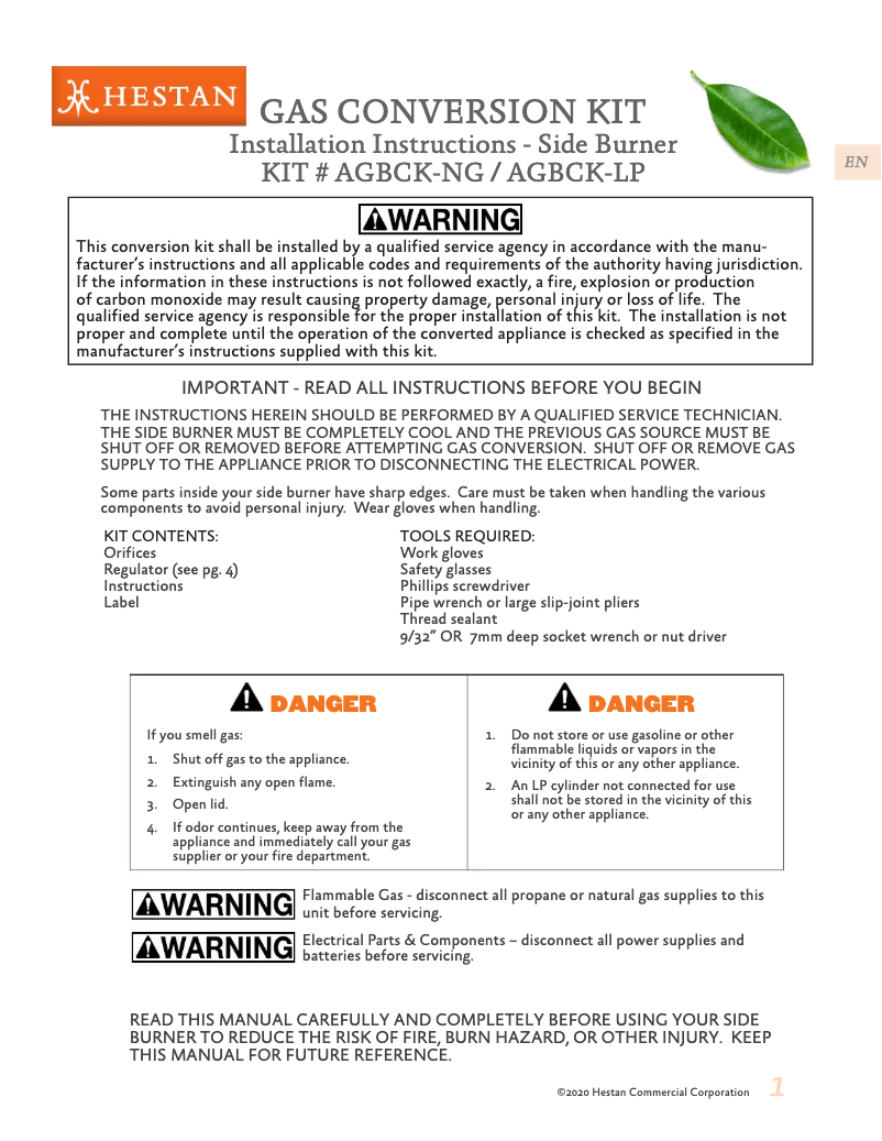 Page 1 de la notice Guide d'installation Hestan AGB122-NG-TQ