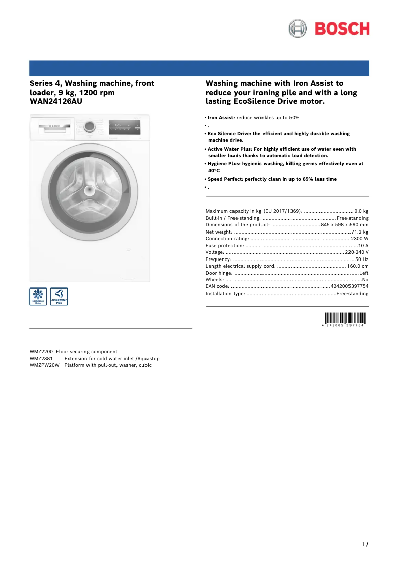 Page n°1 - Fiche technique Bosch WAN24126AU