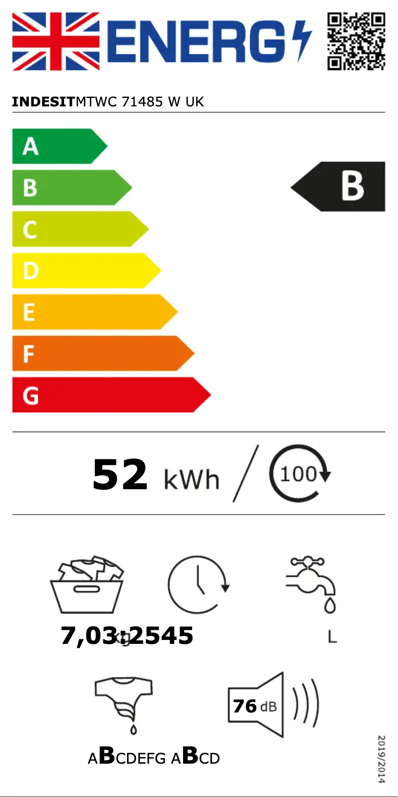 Page 1 de la notice Label énergétique Indesit MTWC 71485 W UK
