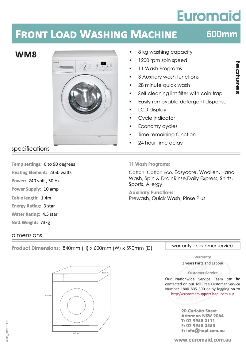 Page 1 de la notice Fiche technique Euromaid WM8