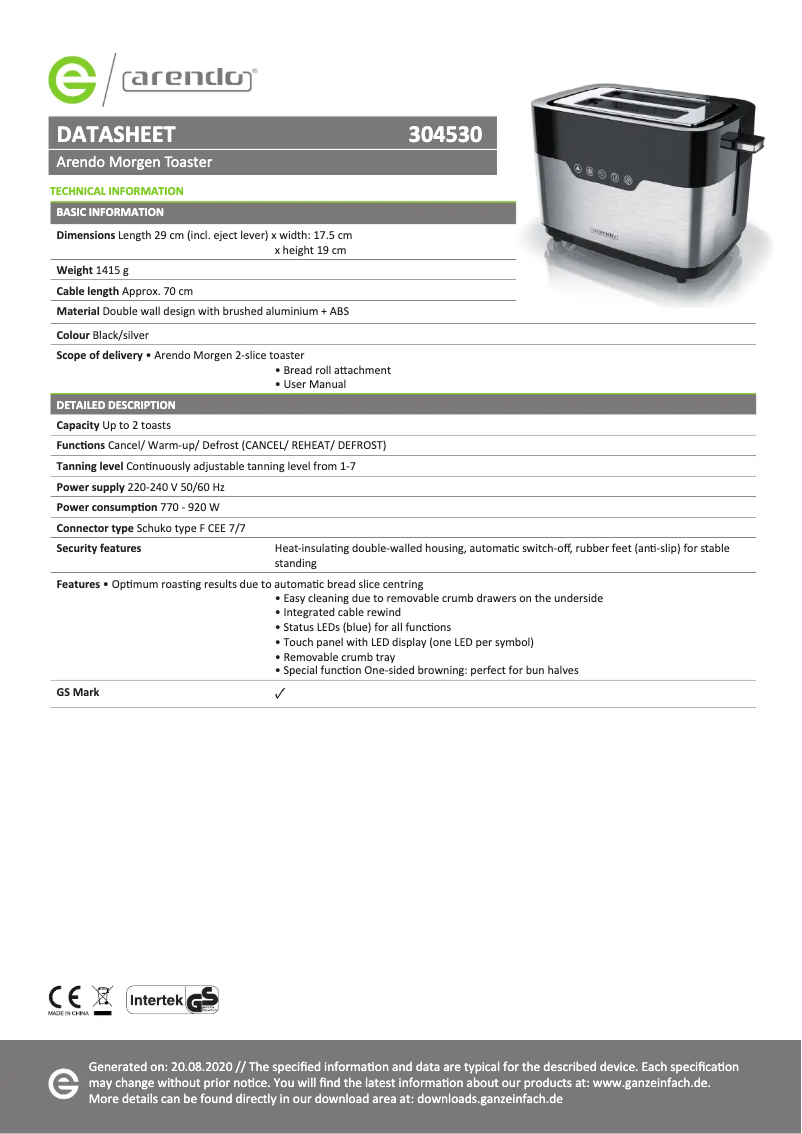 Page 1 de la notice Fiche technique Arendo Morgen 304530