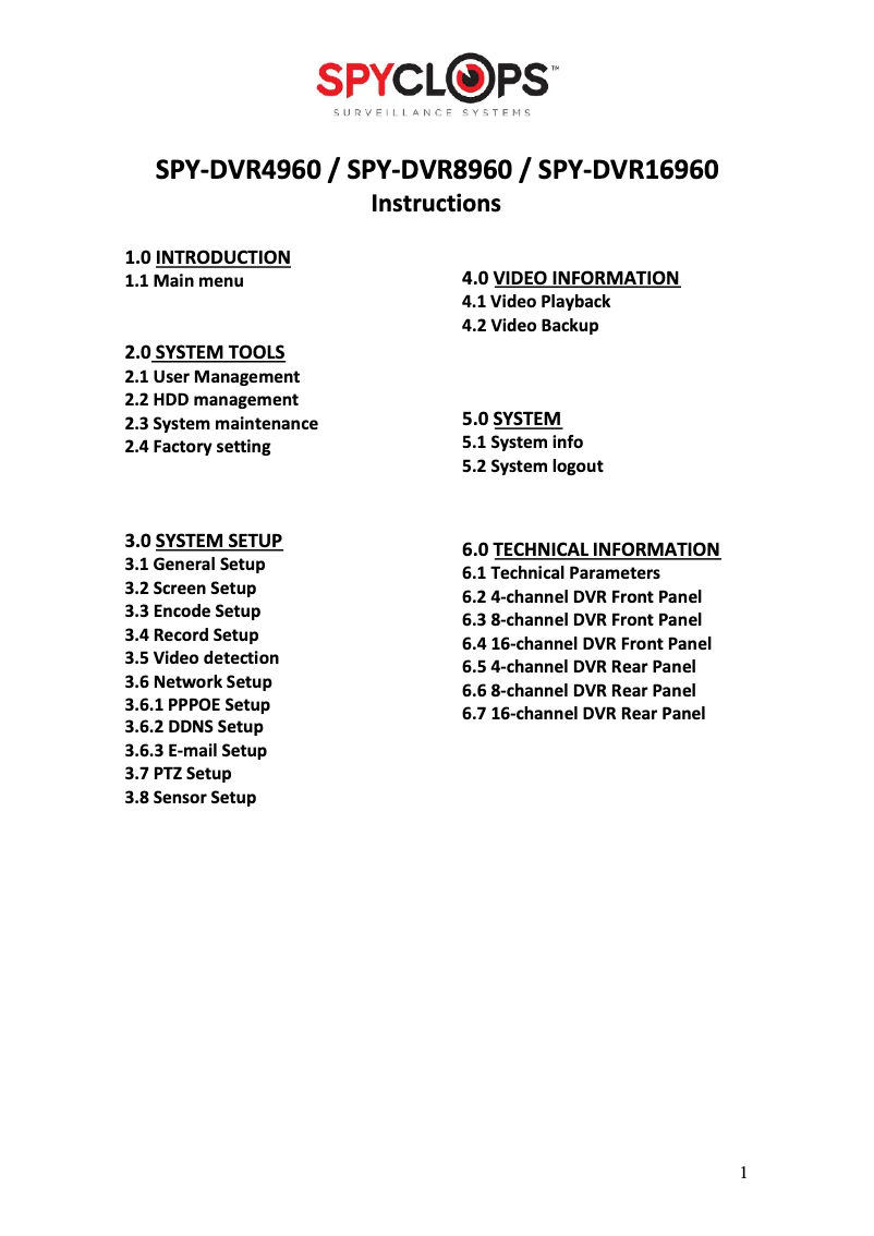 Page n°1 - Manuel utilisateur Spyclops SPY-DVR8960