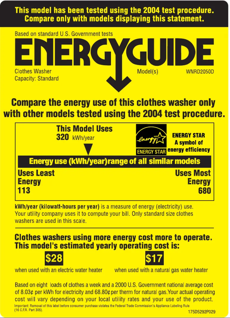 Page 1 de la notice Label énergétique GE WNRD2050DWC