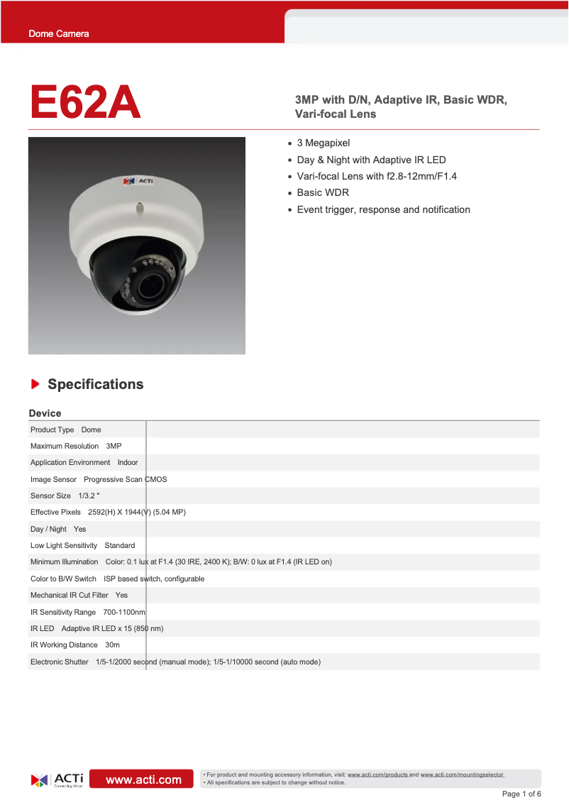 Page 1 de la notice Fiche technique ACTi E62A