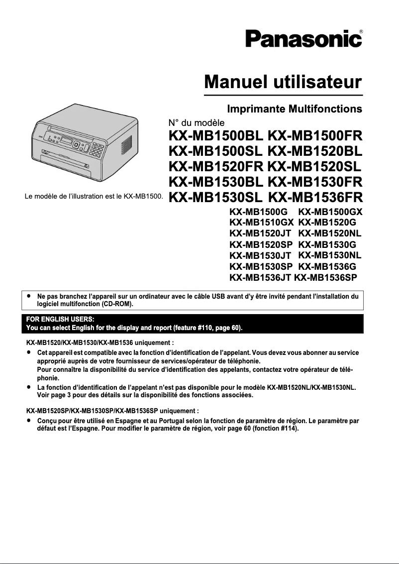Page n°1 - Manuel utilisateur Panasonic KX-MB1536FR