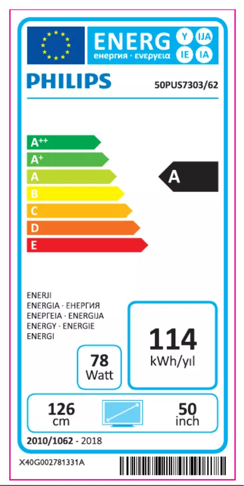 Page 1 de la notice Label énergétique Philips 50PUS7303