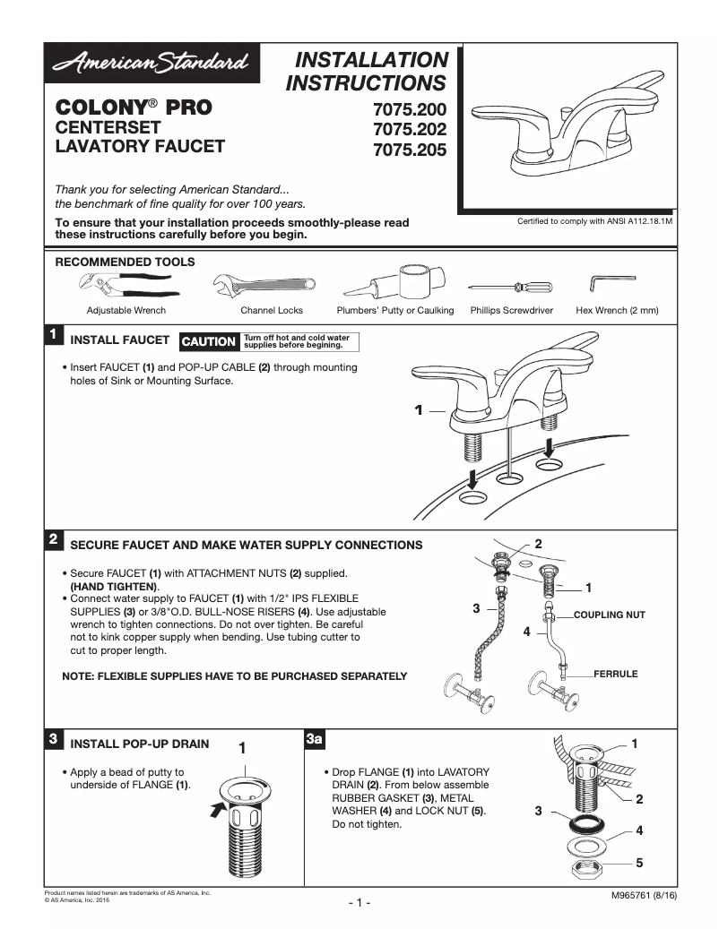 Page 1 de la notice Manuel utilisateur American Standard Colony Pro 7075.205.002