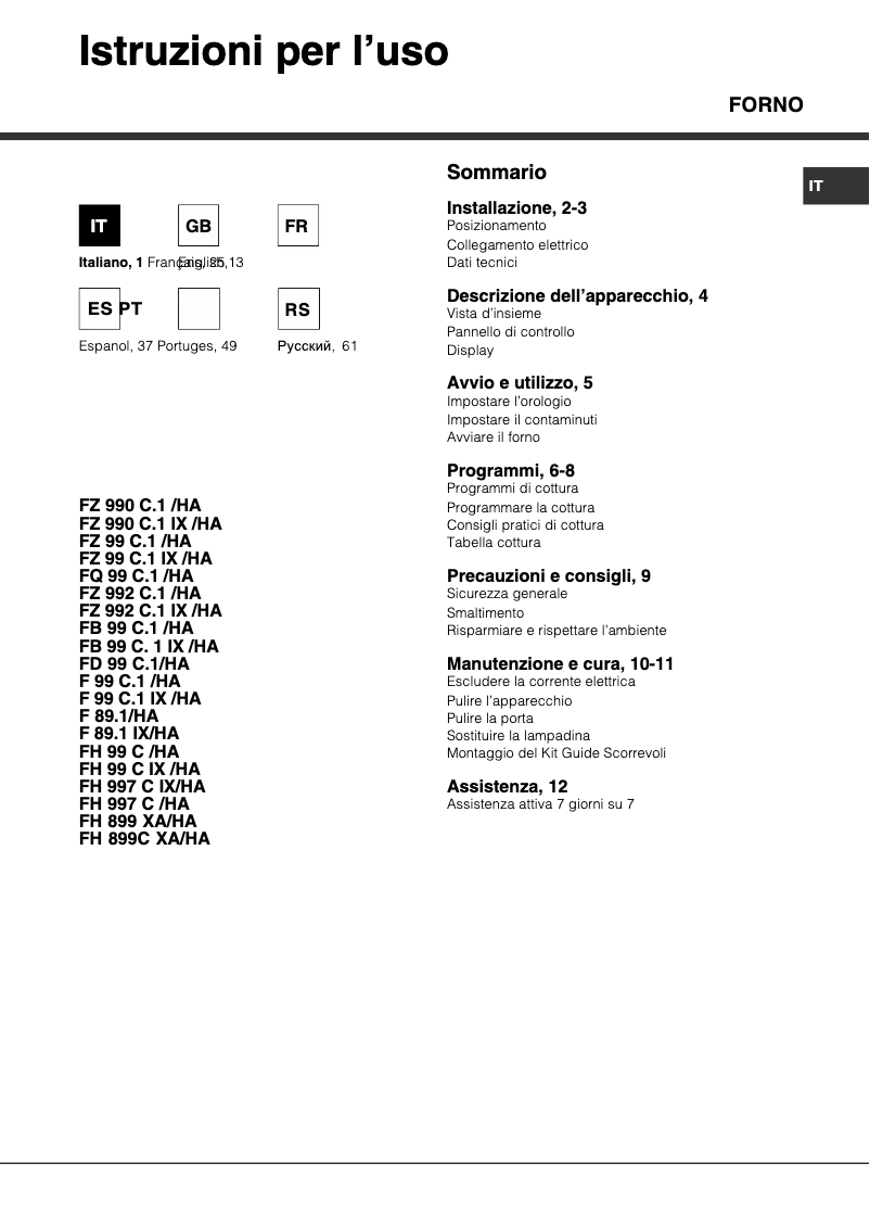 Page 1 de la notice Manuel utilisateur Hotpoint Ariston FQ 99 C.1 (BK) /HA