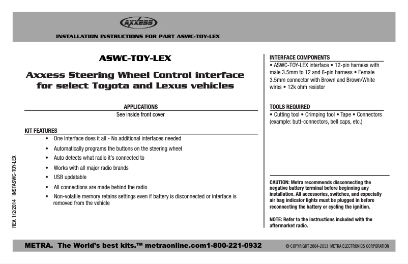 Page n°1 - Manuel utilisateur Axxess ASWC-TOY-LEX
