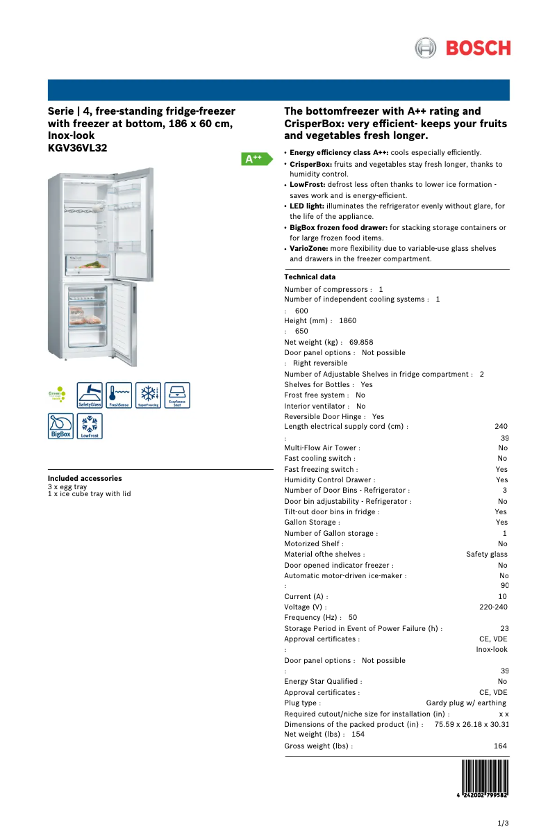 Page 1 of the manual Technical Sheet Bosch KGV36VL32