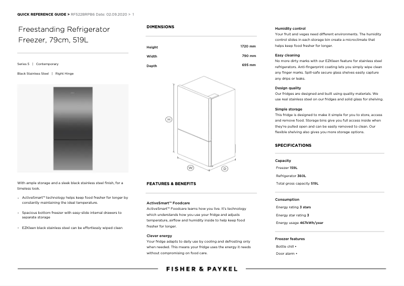 Página 1 del manual Ficha técnica Fisher & Paykel RF522BRPB6
