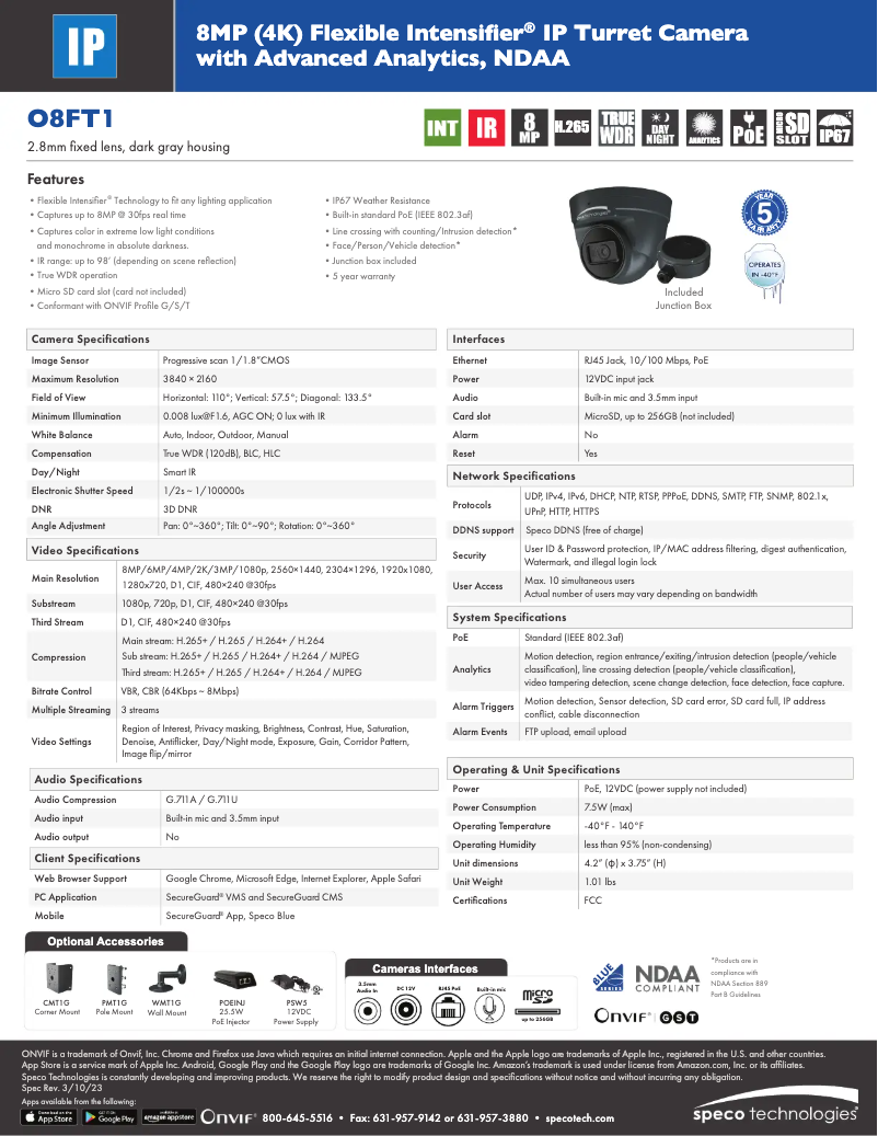 Page 1 de la notice Fiche technique Speco Technologies O8FT1
