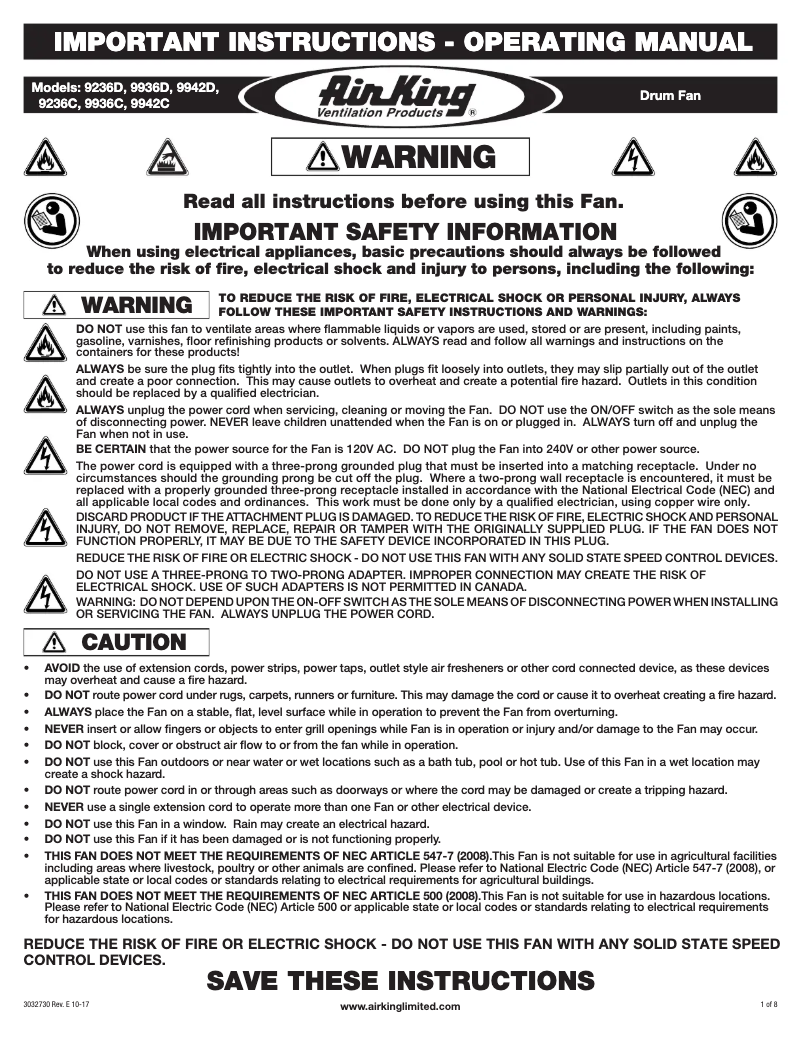 Page 1 de la notice Manuel utilisateur Air King 9236D