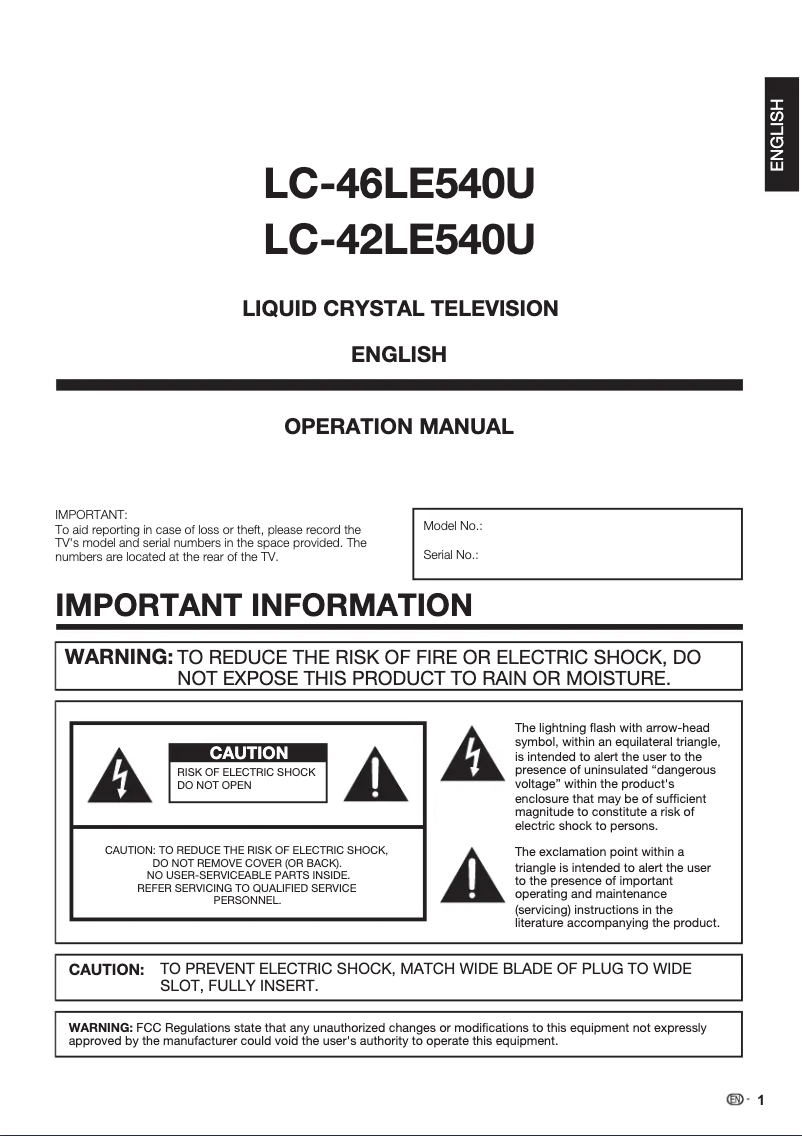 Page n°1 - Manuel utilisateur Sharp Aquos LC-42LE540U