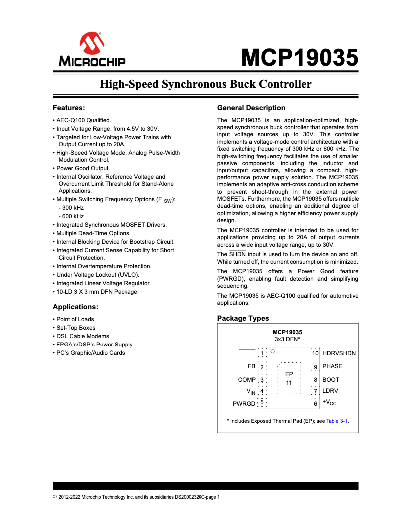 Page 1 de la notice Fiche technique Microchip MCP19035