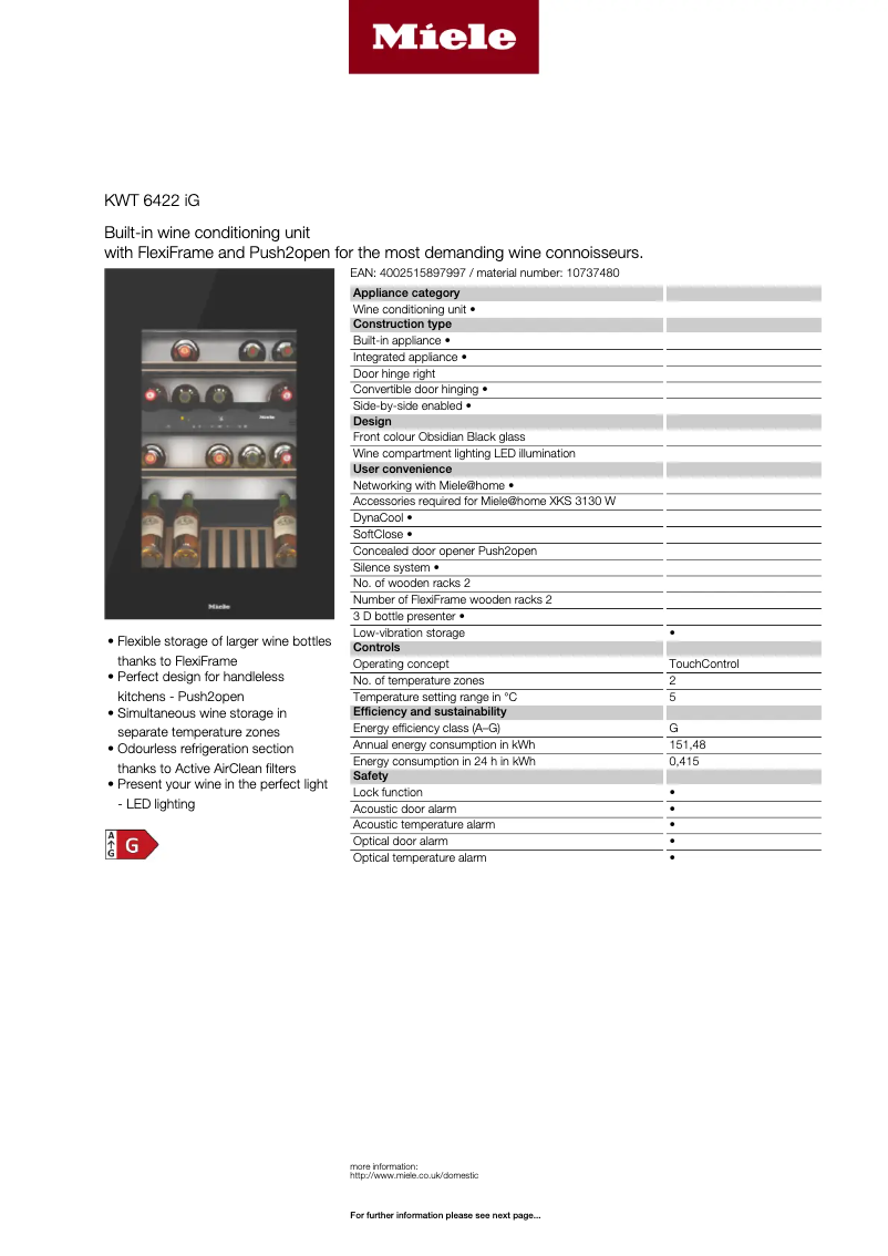 Page 1 de la notice Fiche technique Miele KWT 6422 IG