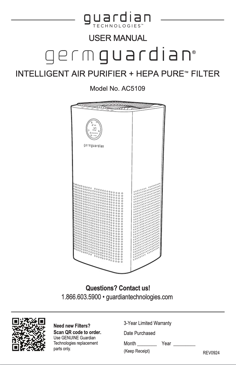 Page n°1 - Manuel utilisateur GermGuardian AC5109