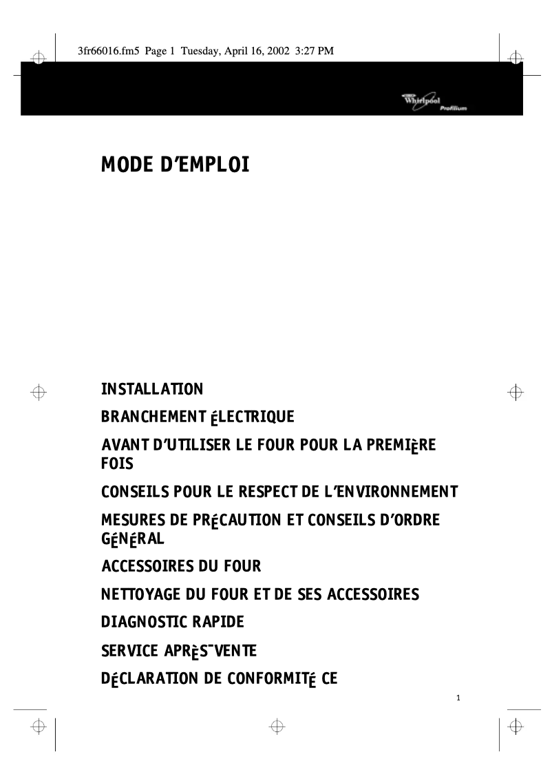 Page 1 de la notice Manuel utilisateur Whirlpool AKZ 352 WH