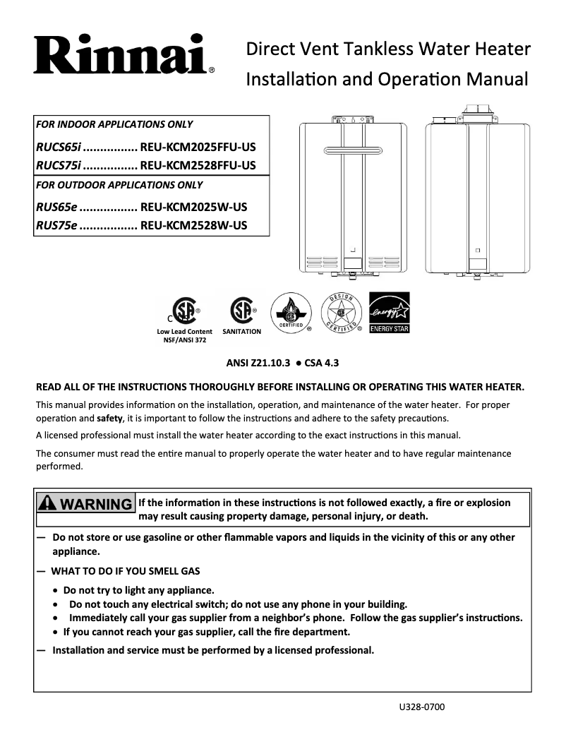Page n°1 - Manuel utilisateur Rinnai RUS75eN