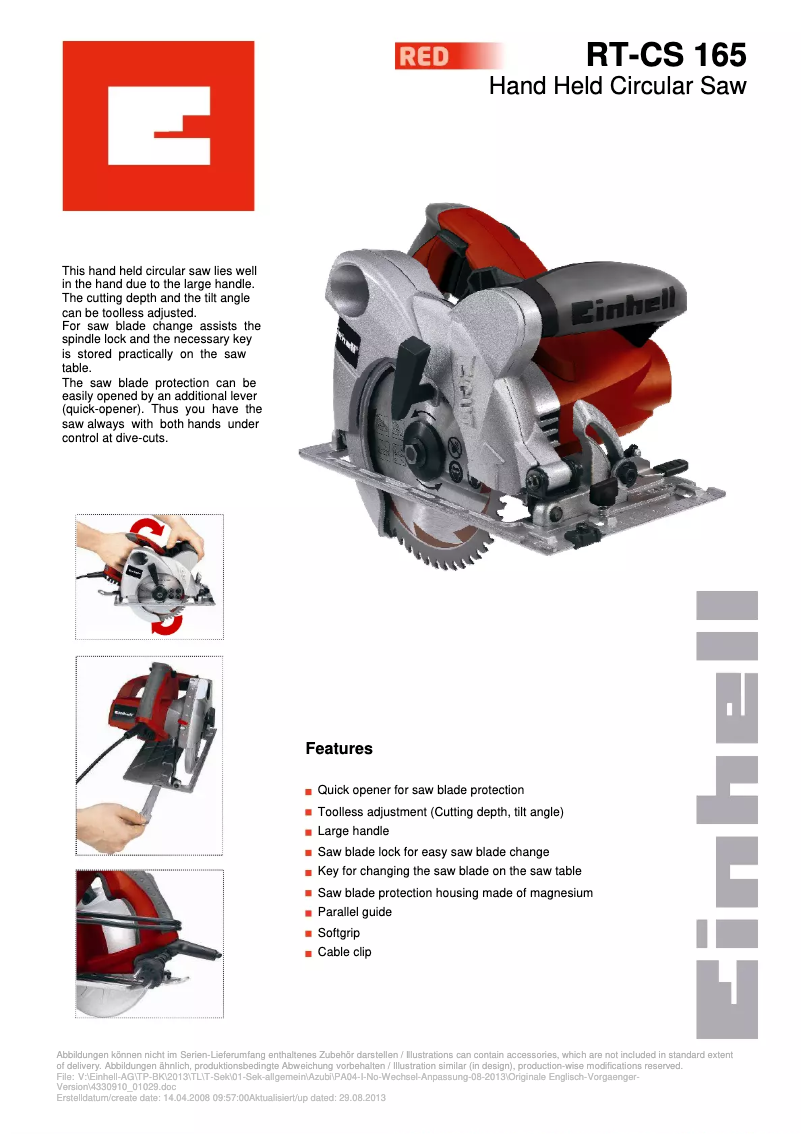 Página 1 del manual Ficha técnica Einhell RT-CS 165