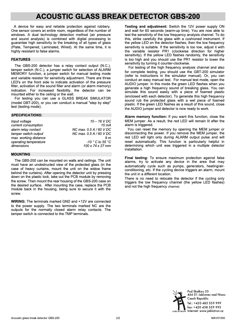 Page 1 de la notice Manuel utilisateur Joblotron GBS-200