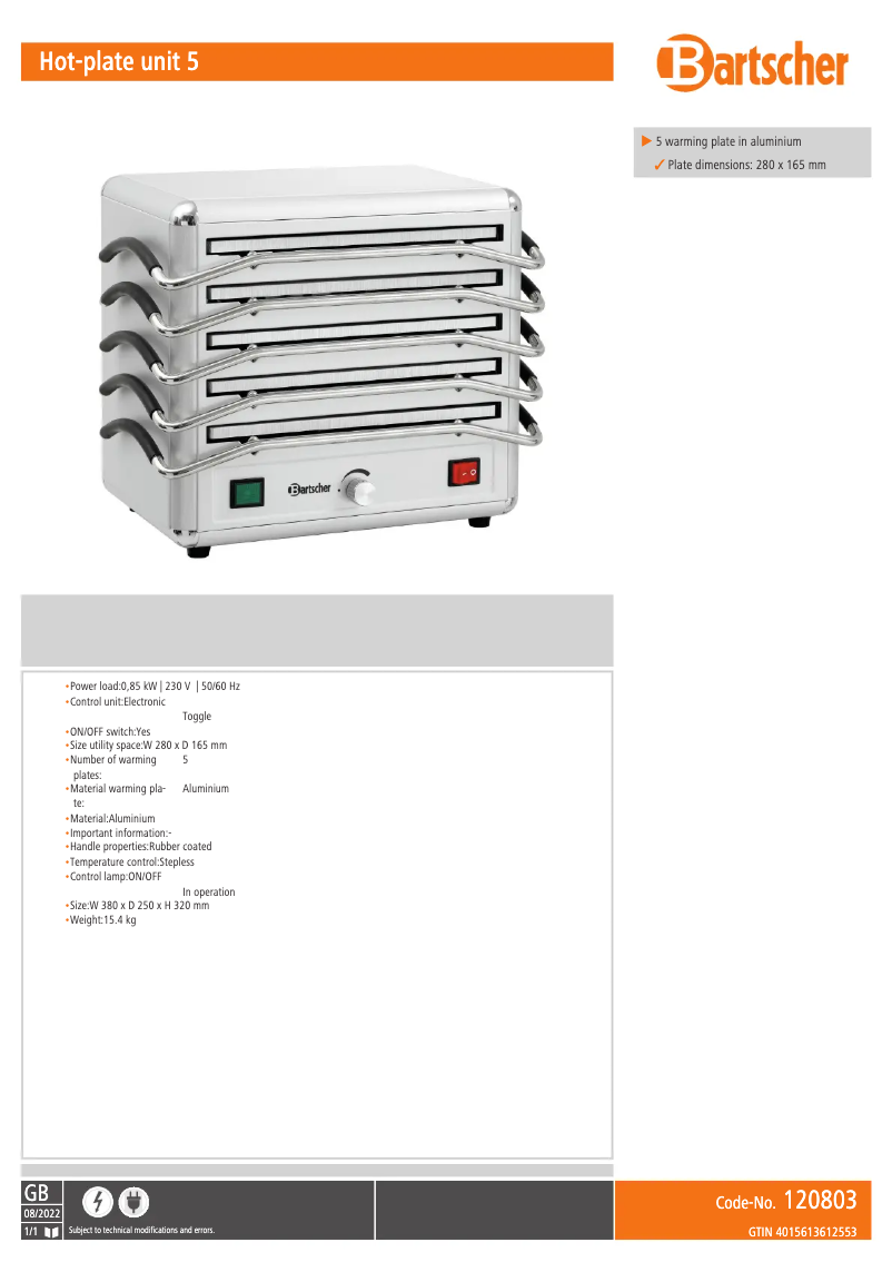 Page 1 de la notice Fiche technique Bartscher 120803