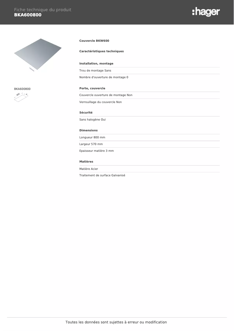 Page n°1 - Fiche technique Hager BKA600800